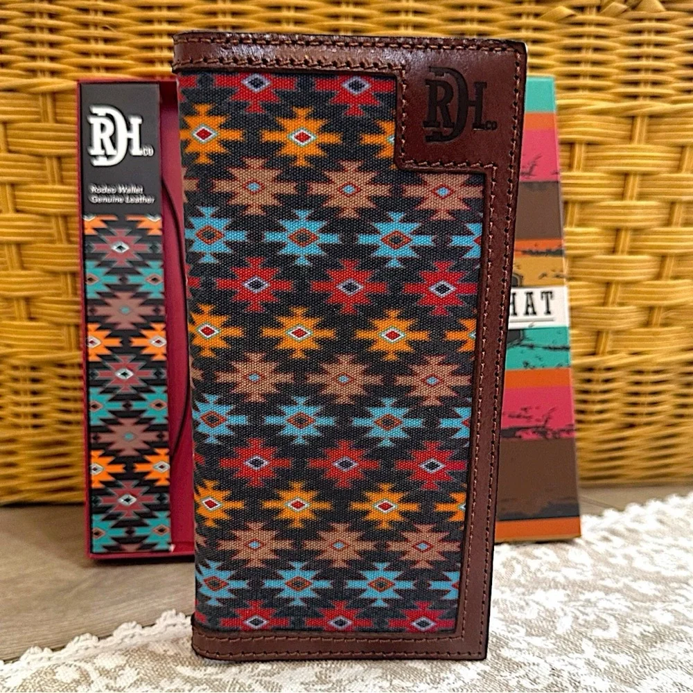 Red Dirt Hat Co Mens Rodeo Southwest Canvas Inlay Wallet Genuine Leather New